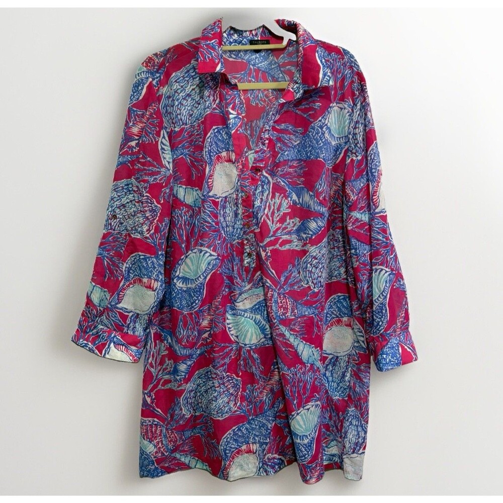 Talbots Tunic Cover Up Blouse Size 1X Pink Blue Seashell Print Long Sleeve Sheer